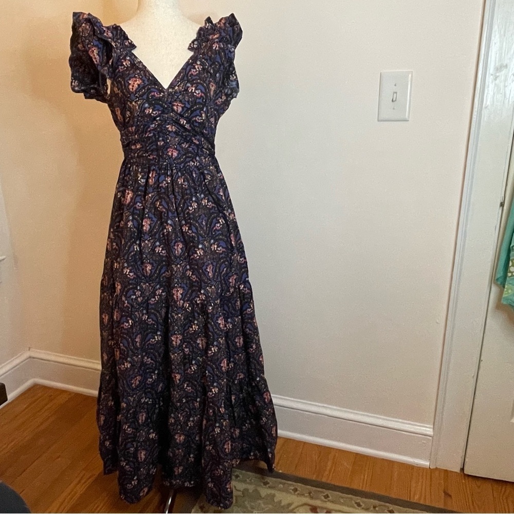 Caroline Constas Maxi Dress • Navy Pansy Print, Ruffle Straps, NWT, Size Small